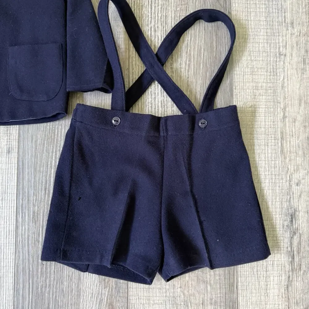 Vtg Toddler Boys Blazer Suspender Shorts Set Blue 3T Wool Toddlecrest Jacket